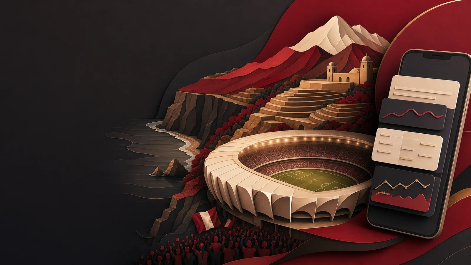 Paisaje peruano con costa, Andes, estadio y plataforma deportiva móvil