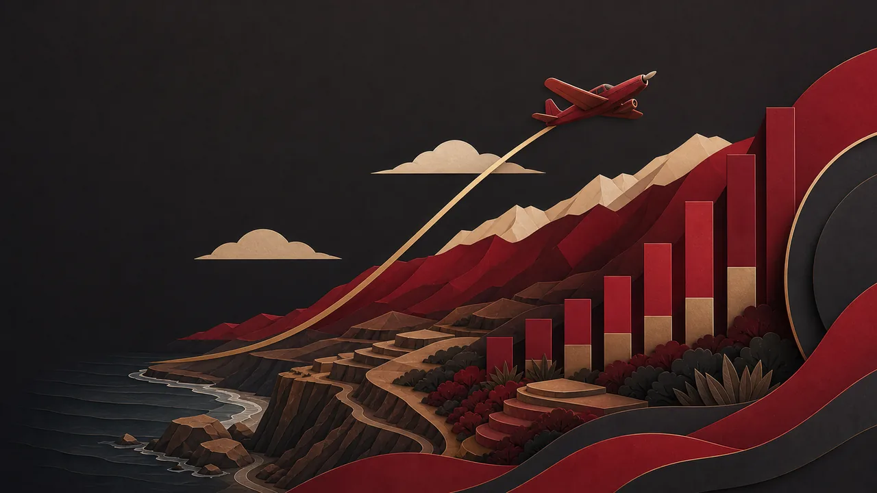 Avión rojo ascendiendo sobre la costa y las montañas del Perú